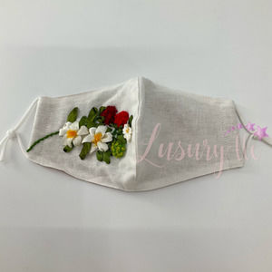 Strawberry Embroidery Silk Mask, Wedding Gift, Washable Reusable 3 Layers, White